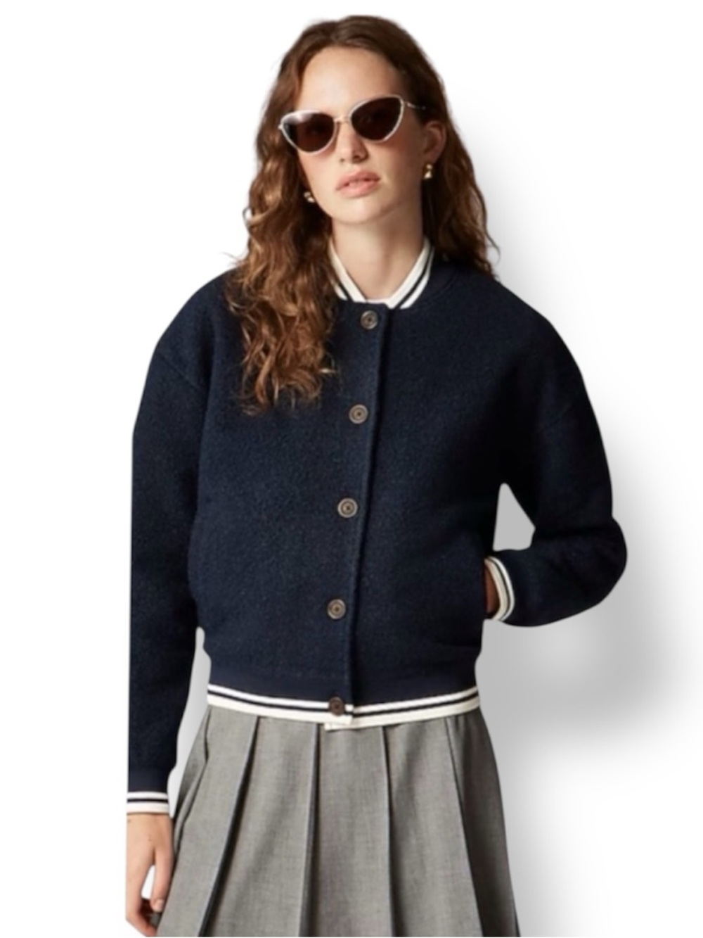 J.Crew NWT Bouclé Flight Varsity Jacket In Navy Blue /White Size 6